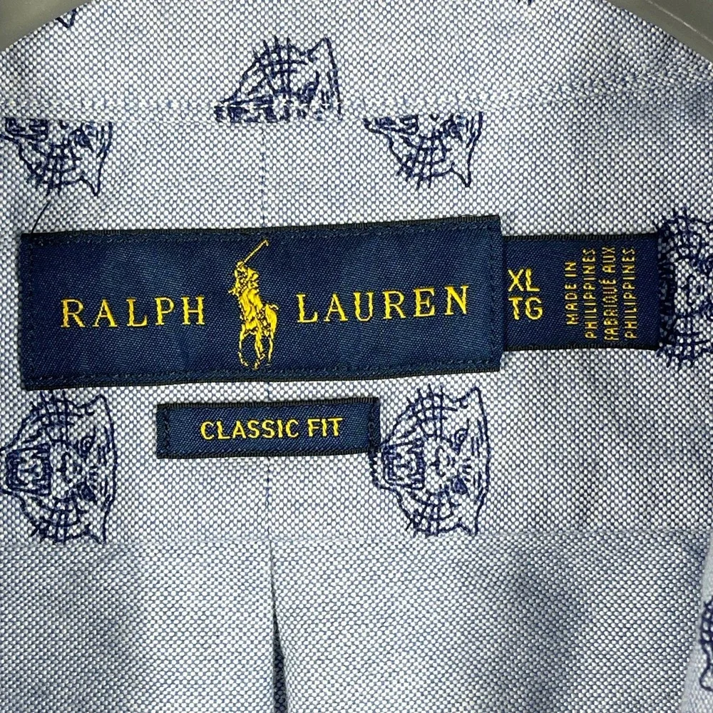 Ralph Lauren Button Down Shirt Mens XL Blue Tiger Head Embroidered Oxford‎